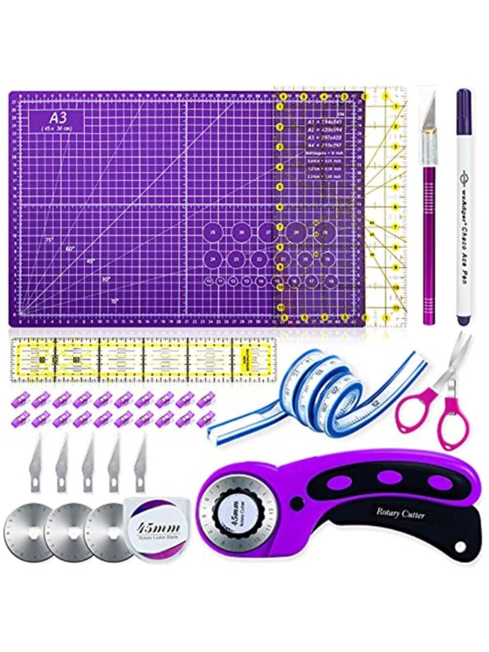 Rotary Cutter Set,Sewing Quilting Supplies,45mm Fabric Cutters,A3 Cutting Mat